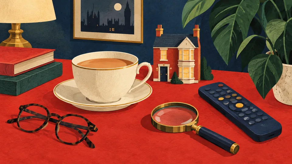 Paper-cut illustration of tea, a remote, and a magnifying glass