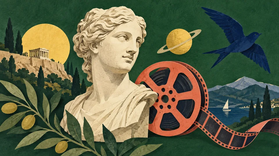 Paper-cut illustration of a classical bust, film reel, planet, and bird